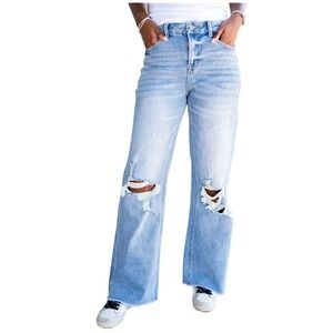 BKE Billie Slim Fit High Rise Wide Leg Distressed Jeans Blue 31x32 Raw Hem